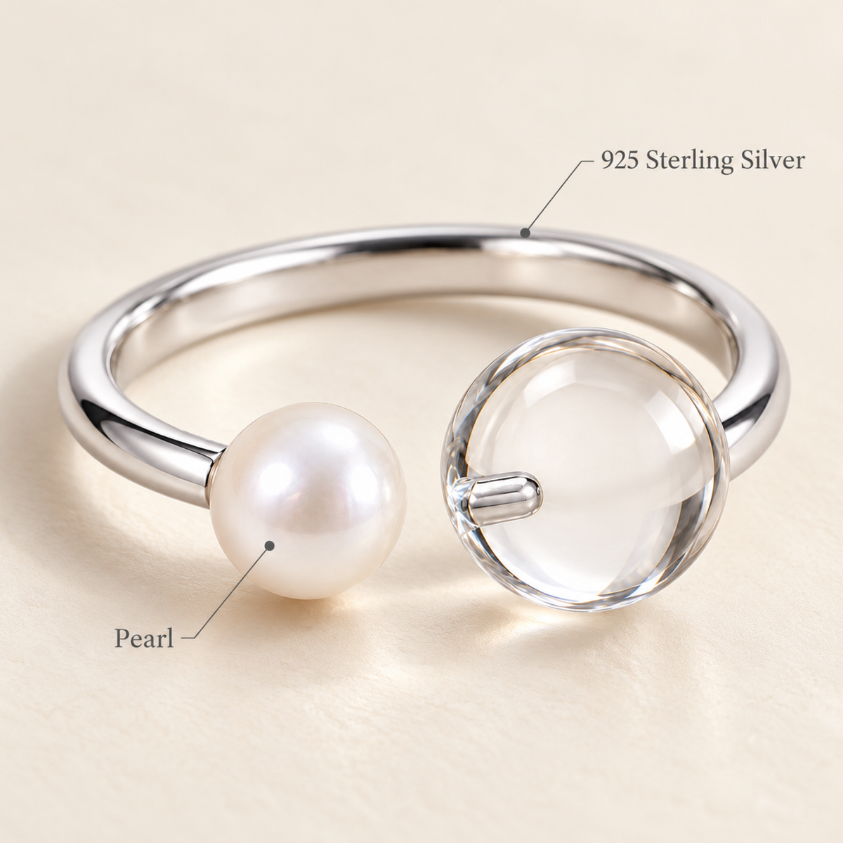 ELARA Pearl and Clear Quartz Open Ring