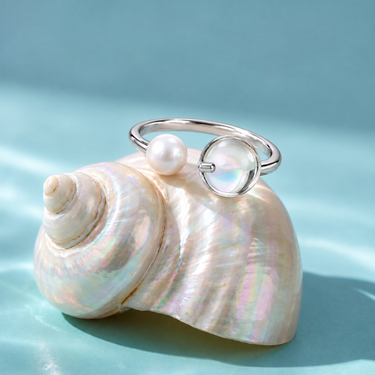 ELARA Pearl and Clear Quartz Open Ring