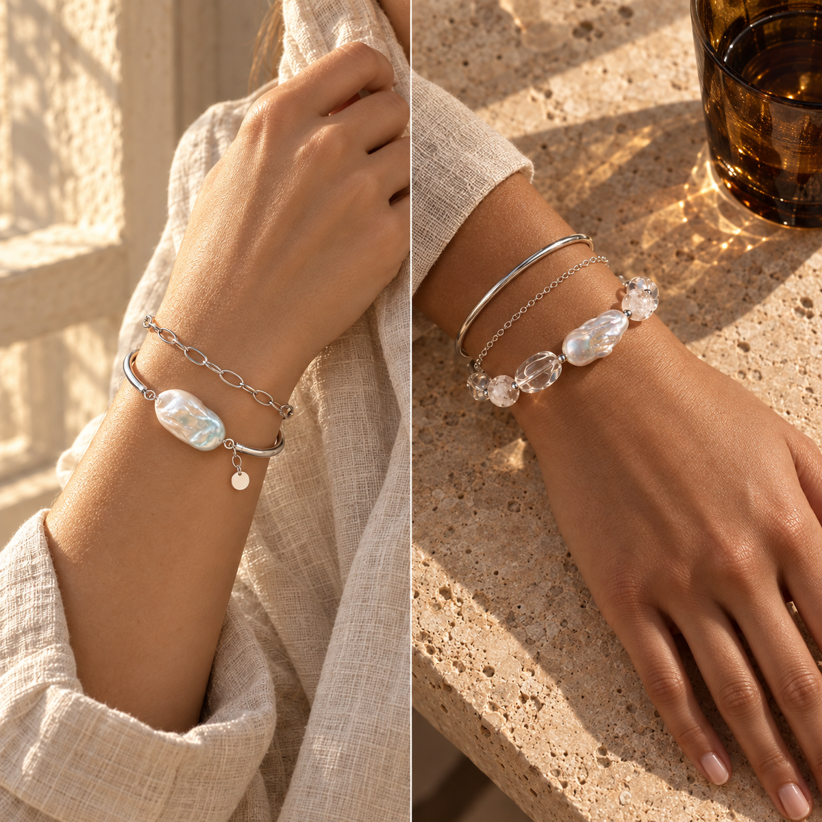 Two close-up pearl and crystal bracelet styling views with layered silver accessories in warm golden light.