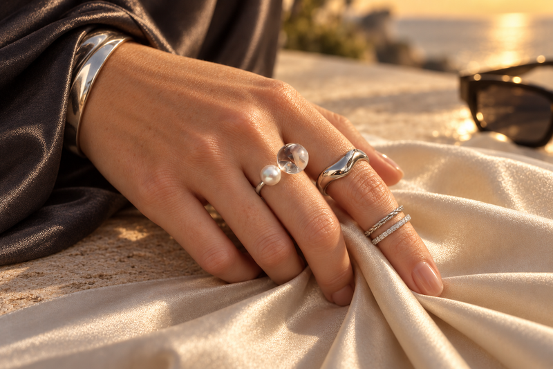 White pearl and clear stone open ring worn with other rings in golden sunlight