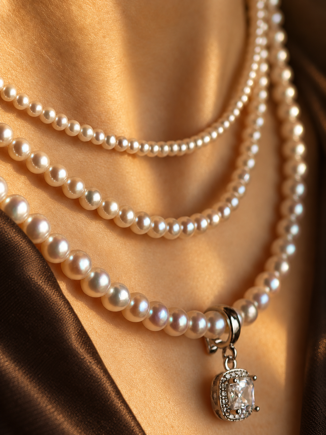Three pearl strands with a rectangular sparkling pendant worn in golden sunlight