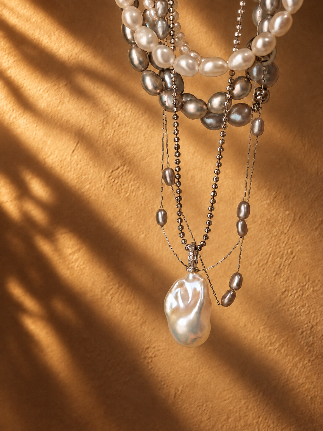 Hanging white and grey pearl necklaces with a large irregular pearl pendant in golden light