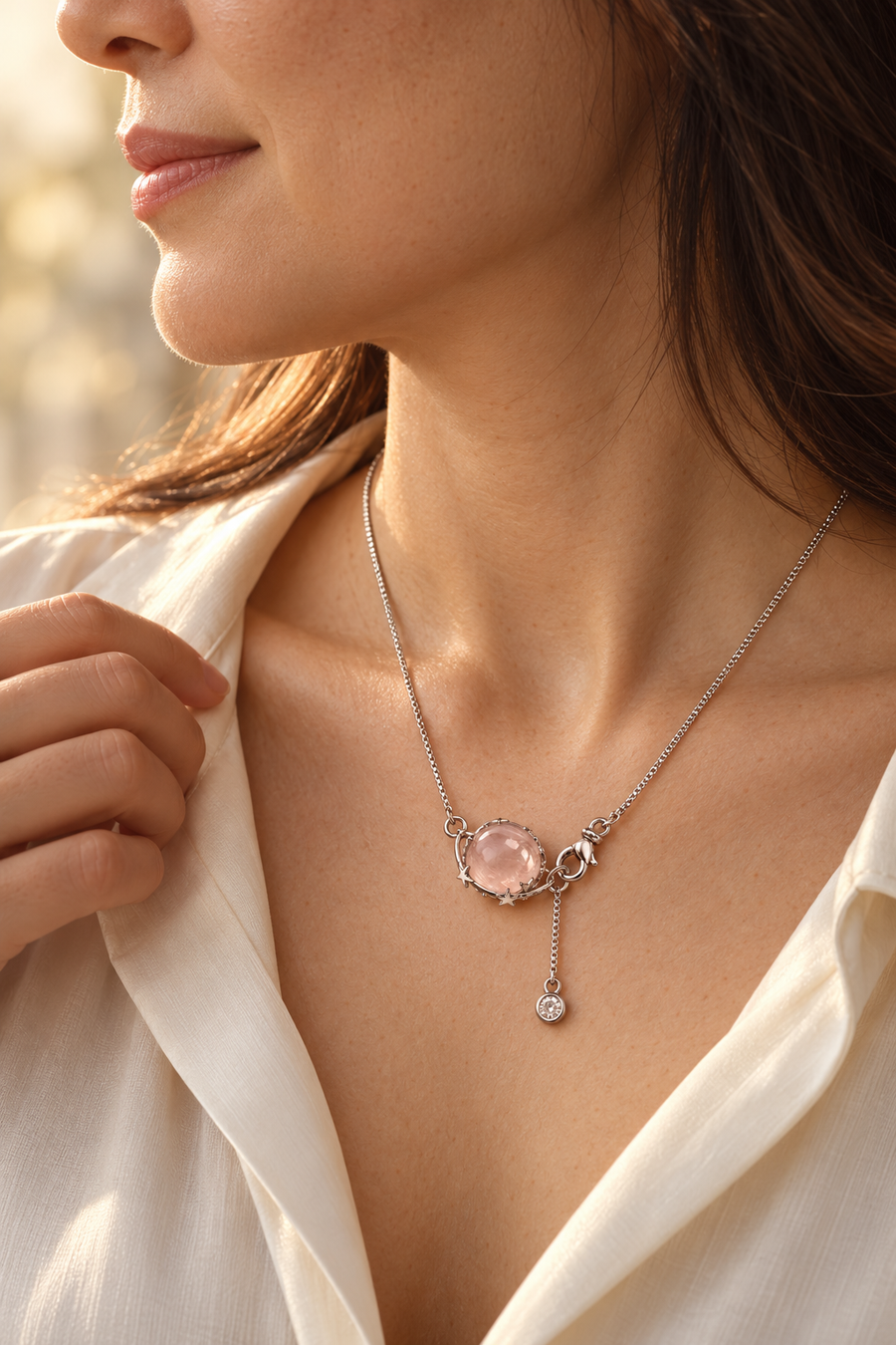 Pink orb pendant necklace worn in golden light.