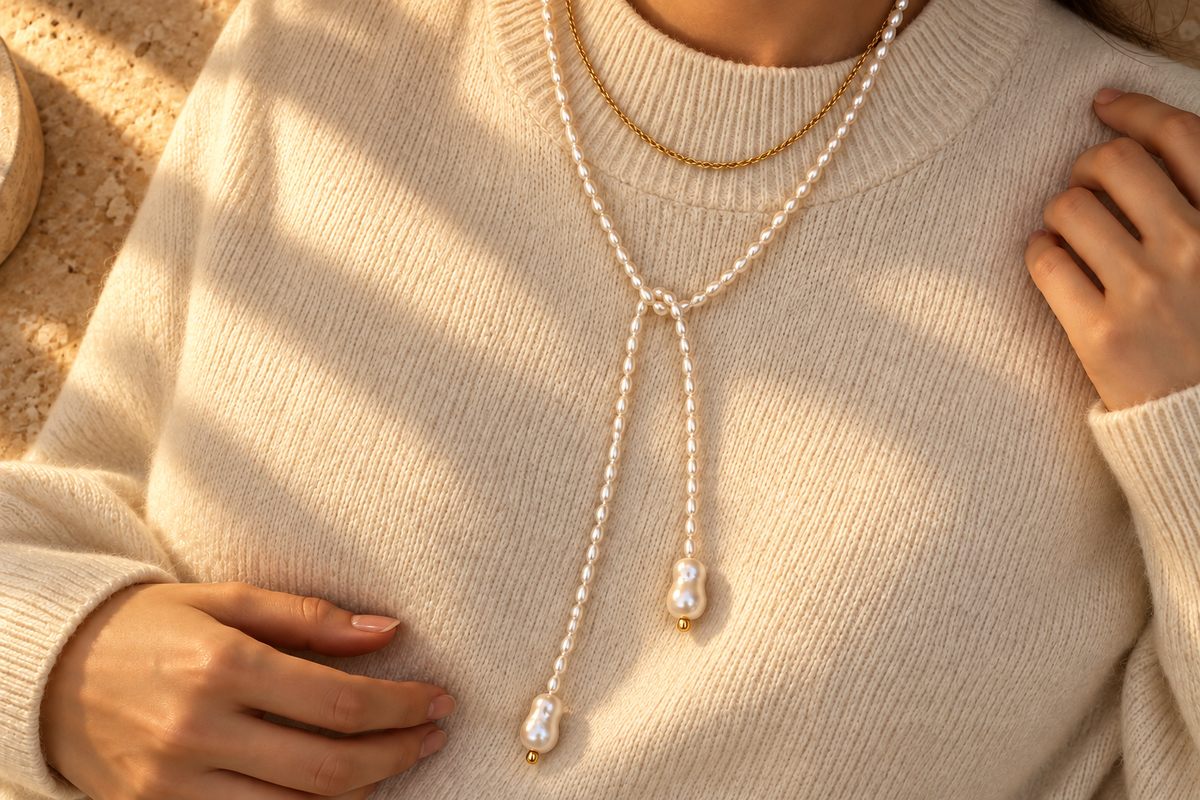 Long pearl necklace with two pearl terminals over an ivory sweater in warm golden light.
