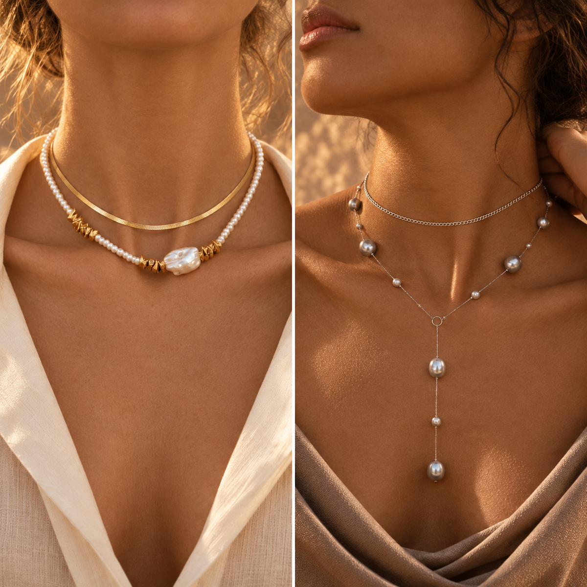 Two close-up pearl necklace styling views in warm golden light.