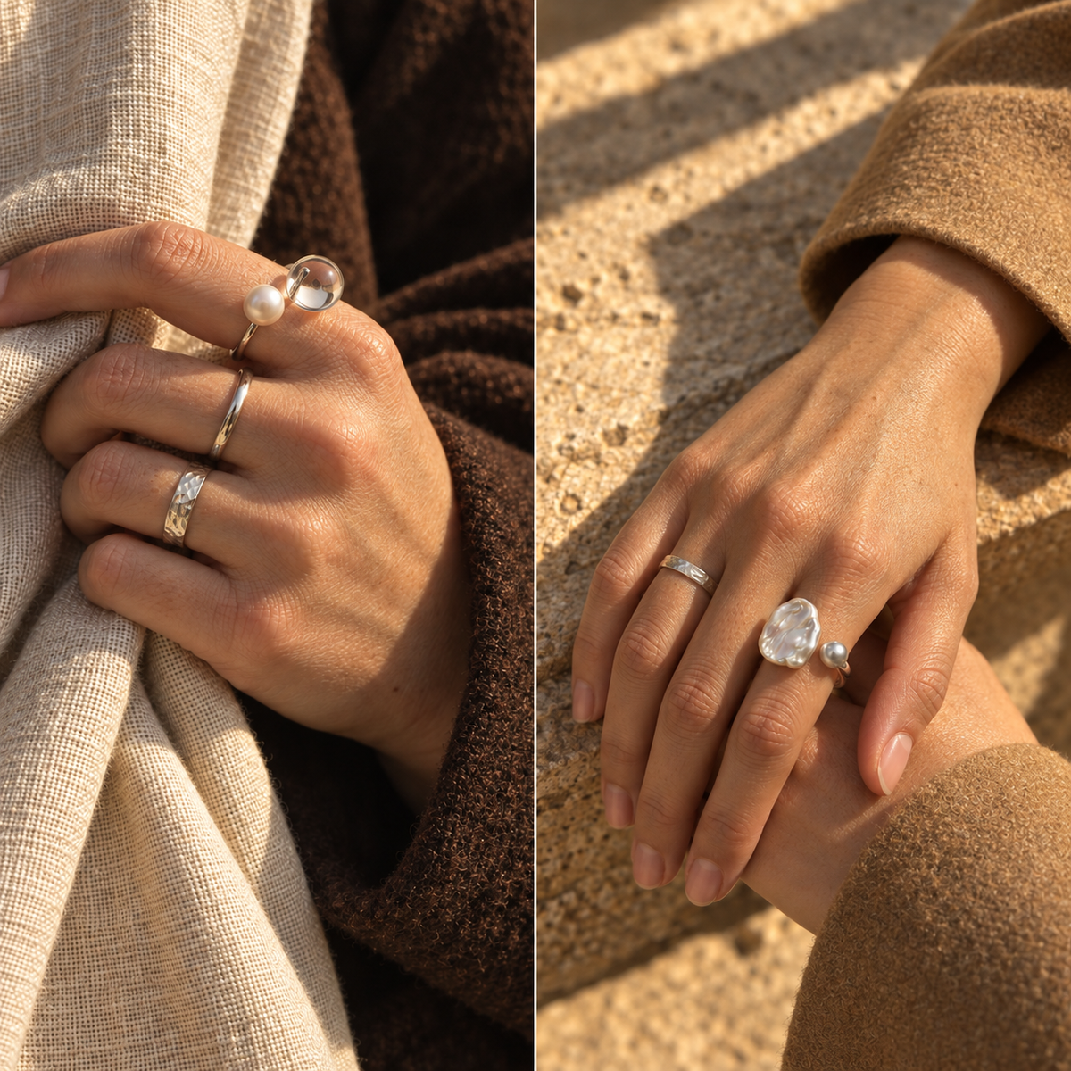 Two close-up open pearl ring styling views on naturally textured hands in warm golden light.