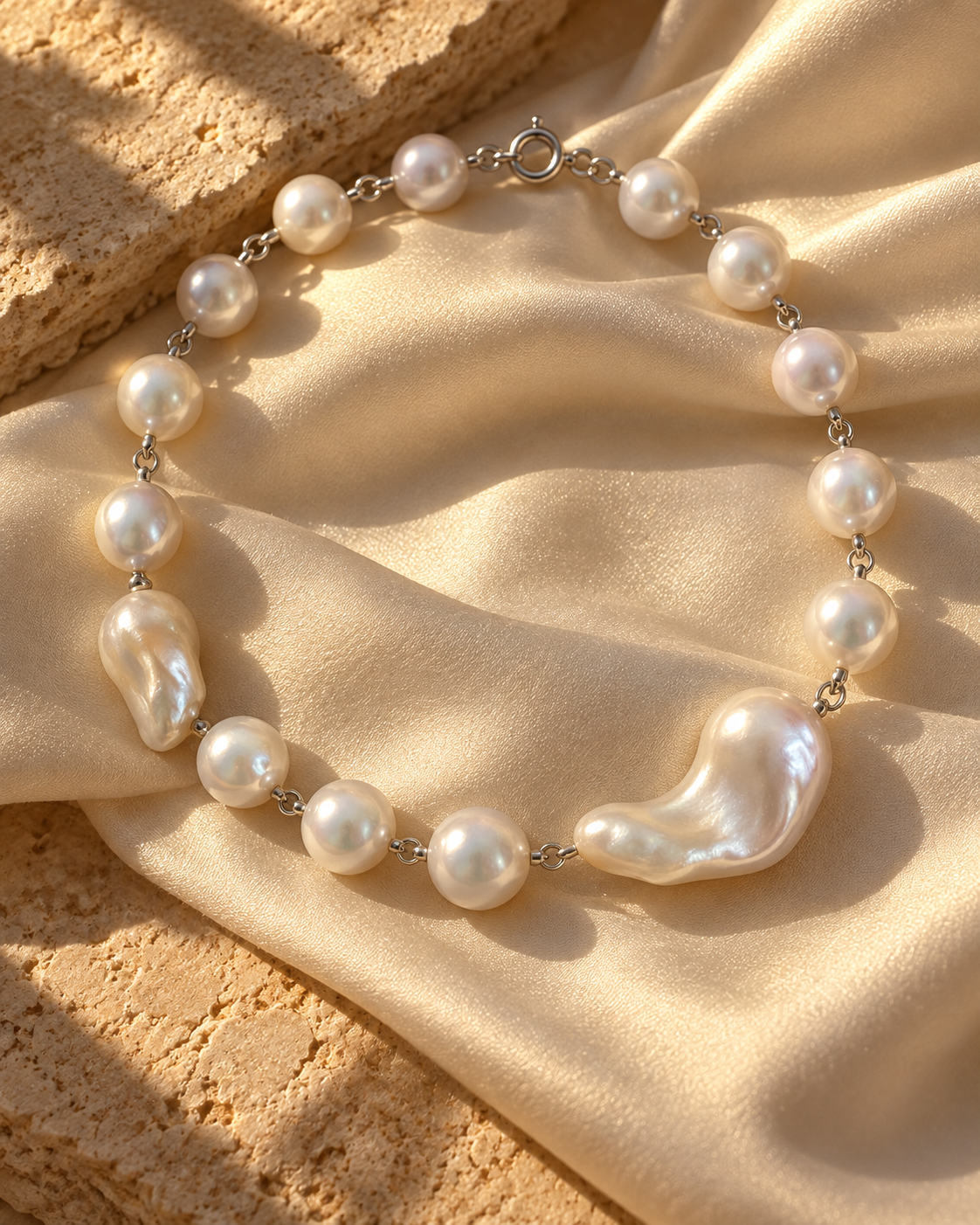 Round and irregular white pearls joined with silver links on ivory silk in golden side light