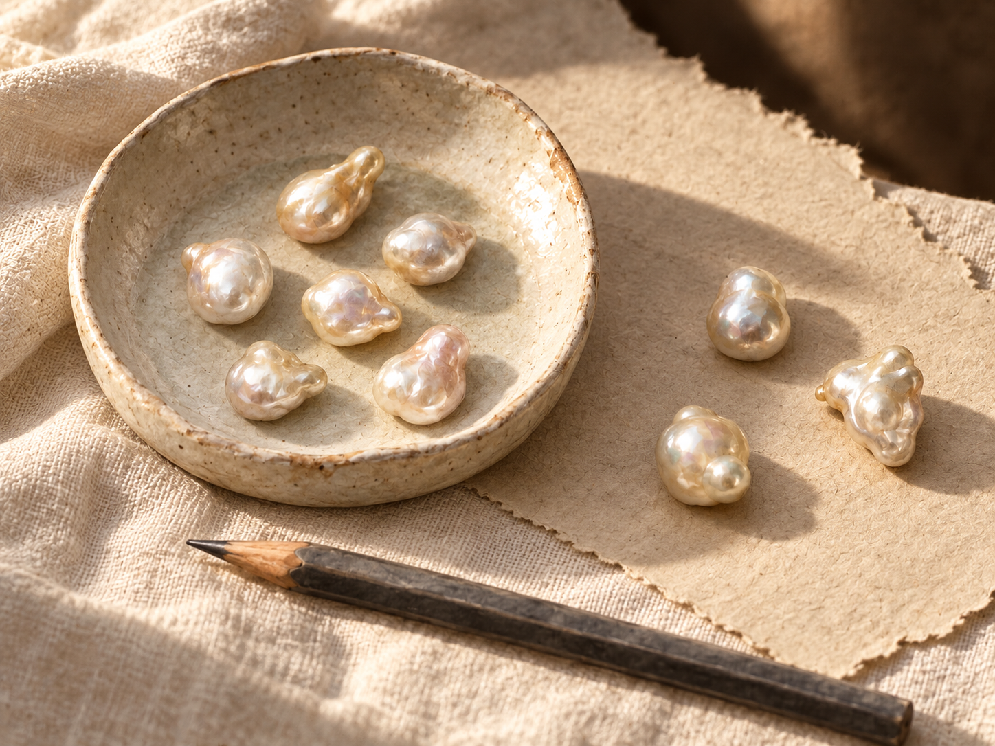 Concept still life of irregular pearls in a ceramic dish with a pencil in golden light