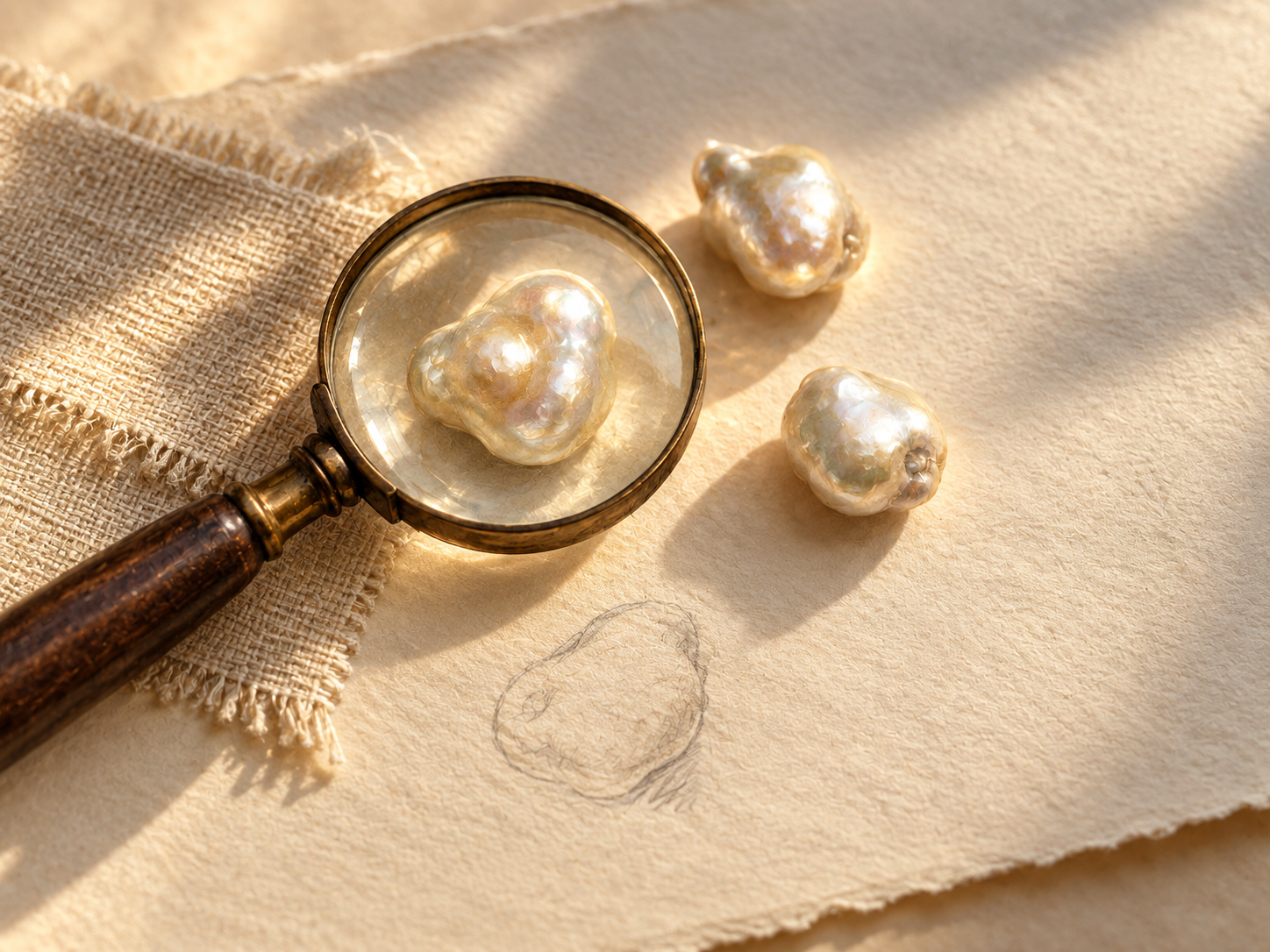 Concept still life of a pearl under a magnifying glass beside linen in golden sunlight