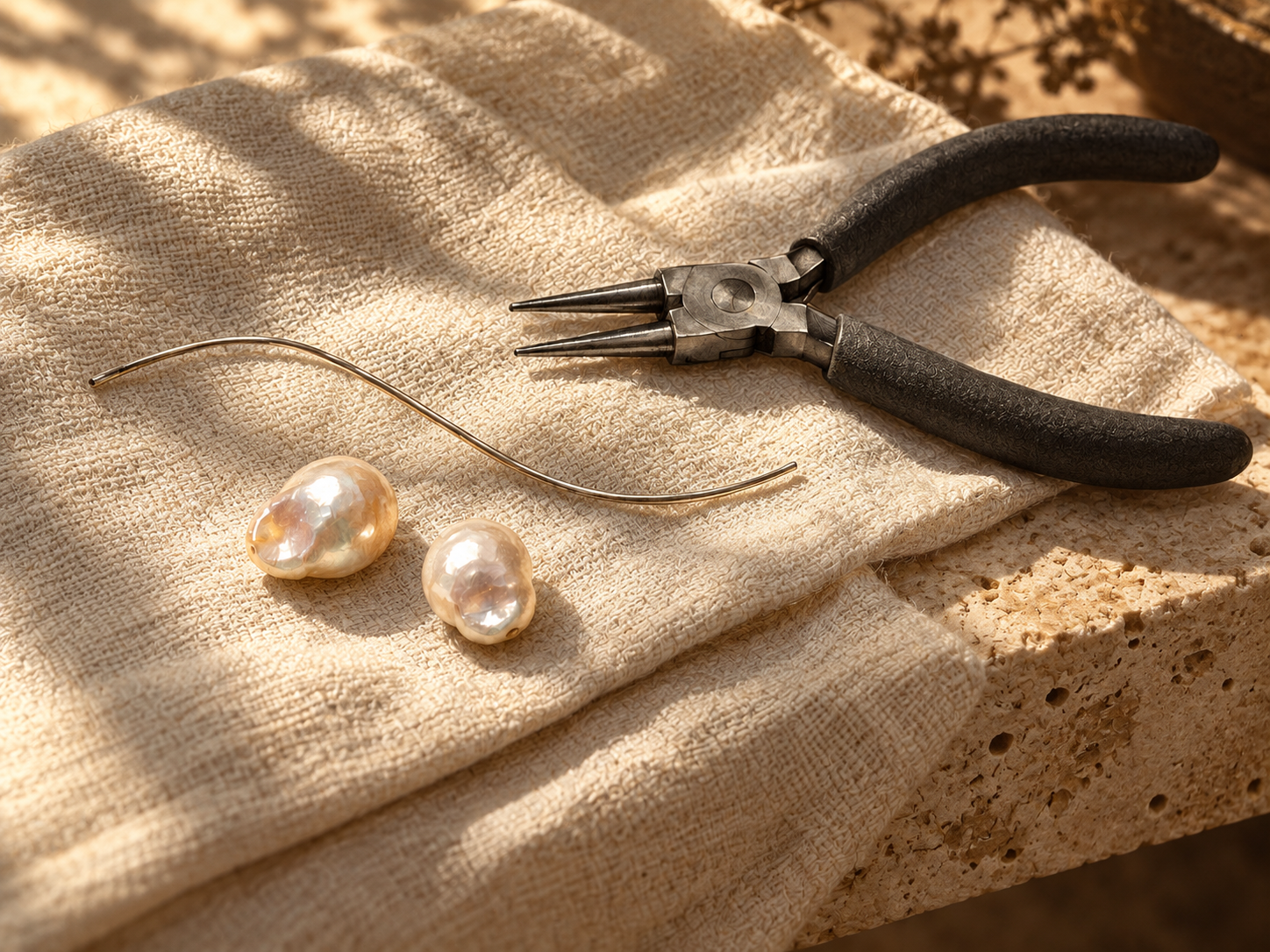 Concept still life of loose pearls, curved silver wire and jewelry pliers on linen